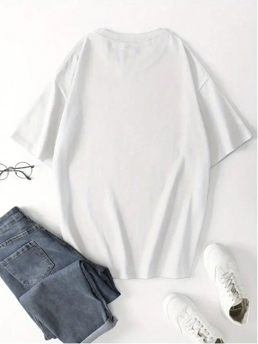 Front flat view of white oversized cartoon duck graphic tee with blue painterly block print