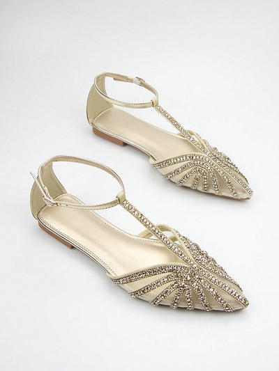 Elegant Gold Rhinestone-Embellished Flat Shoes with Ankle Strap – Perfect for Daily Wear and Special Occasions