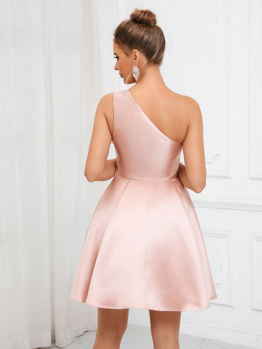 Lotus Pink Satin One-Shoulder A-Line Dress: Elegant Charm for Every Occasion