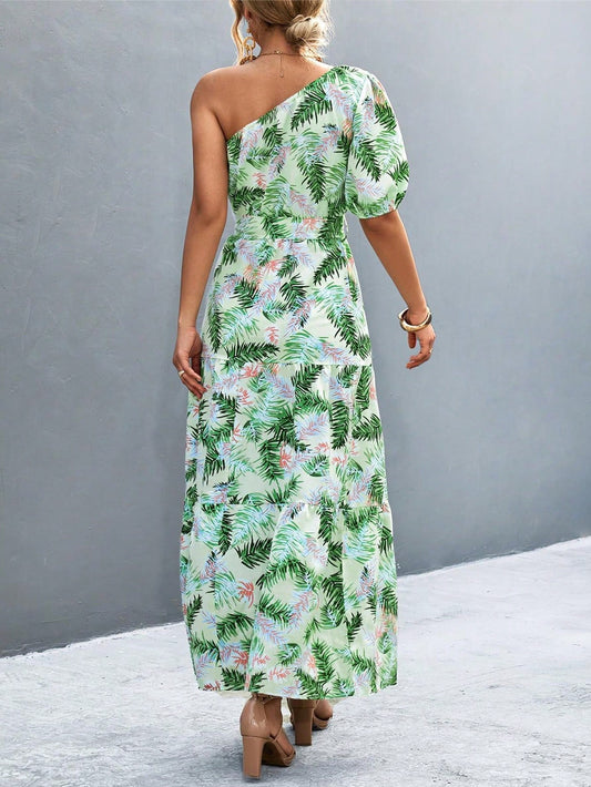 Random Floral Print Asymmetrical Neckline Sleeveless Dress with Belt for Summer