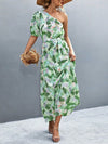 Random Floral Print Asymmetrical Neckline Sleeveless Dress with Belt for Summer