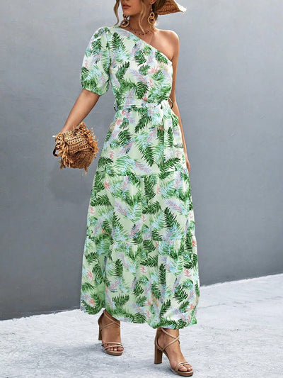 Random Floral Print Asymmetrical Neckline Sleeveless Dress with Belt for Summer