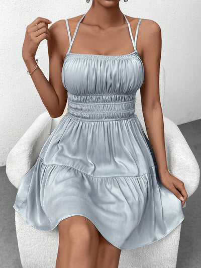 Blue Bliss: Summer Halter Tie Smocking Ruched Dress