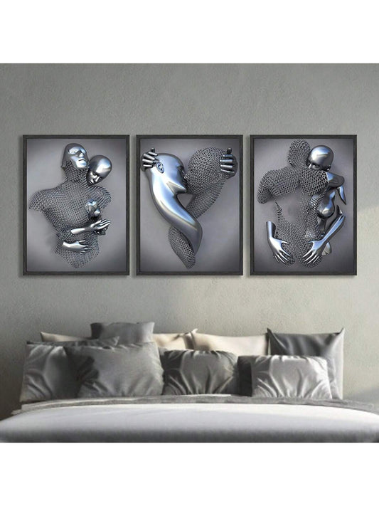 Abstract Heart 3D Effect Wall Art Set: Romantic Hug Couple Bronze Canvas for Modern Home Decor