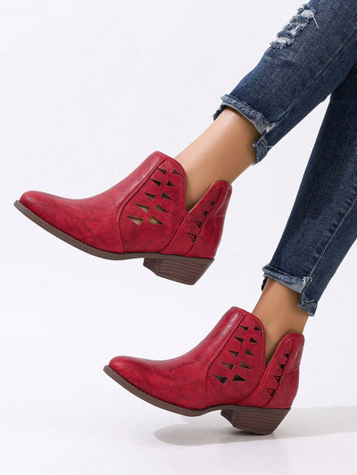 The Versatile Burgundy Hollow Out Chunky Heel Ankle Boots are the perfect addition to your wardrobe for both vacation and daily wear. The chunky heel provides comfort and stability, while the hollow out design adds a touch of elegance. Crafted with versatility in mind, these boots are a must-have for any fashion-forward individual.