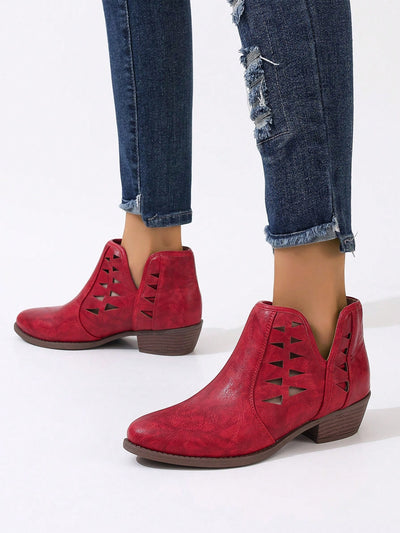Versatile Burgundy Hollow Out Chunky Heel Ankle Boots: Your Go-To for Vacation and Daily Wear!
