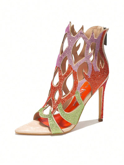 Fiery Elegance: Women's Rhinestone Flame Cut-Out Pointy Heels