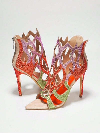 Fiery Elegance: Women's Rhinestone Flame Cut-Out Pointy Heels