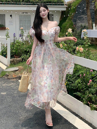 Summer Delight: Off-Shoulder Floral Printed Dress with Short Puff Sleeves