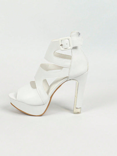 Chic White Hollowed-Out Peep-Toe Platform Sandals - Waterproof, Chunky Heels for Summer Style