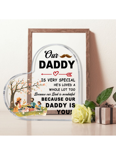 This Father's Day, show your love and appreciation with our heart-shaped acrylic gift. Expertly crafted and personalized with the message "Our Daddy Is Special", it is sure to bring a smile to dad's face. With its unique design and thoughtful sentiment, this gift is perfect for celebrating the special bond between a father and child.