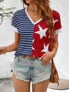 This "Stars, Stripes, and Style" Women's American Flag Striped Tee combines patriotism and fashion in one stylish top. The classic American flag design, with stars and stripes, adds a touch of Americana to any outfit. Made with high-quality materials, this tee offers both comfort and style for any occasion.