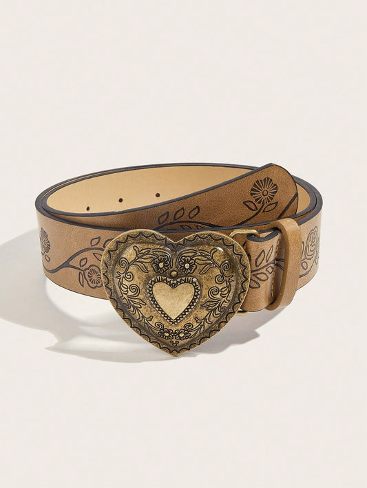 Vintage Peony Pattern Belt: Unisex Fashion Staple with Heart Buckle