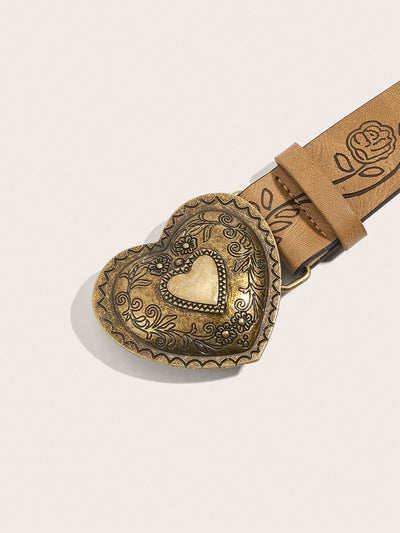 Vintage Peony Pattern Belt: Unisex Fashion Staple with Heart Buckle