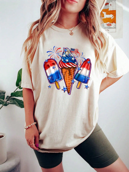 This Summer Celebration t-shirt is perfect for your 4th of July festivities. The loose-fit and drop shoulder design provide a comfortable and relaxed fit, while the festive ice cream print adds a touch of fun. Show off your patriotic spirit with this must-have summer shirt.