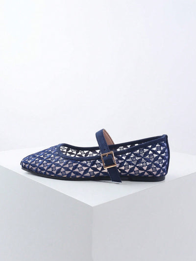 Chic Navy Blue Woven Slip-On Flats with Square Toe - Perfect for Casual, Office, or Party Wear