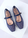 Chic Navy Blue Woven Slip-On Flats with Square Toe - Perfect for Casual, Office, or Party Wear