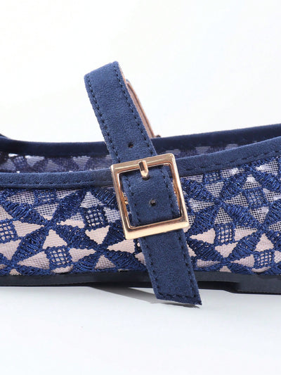 Chic Navy Blue Woven Slip-On Flats with Square Toe - Perfect for Casual, Office, or Party Wear