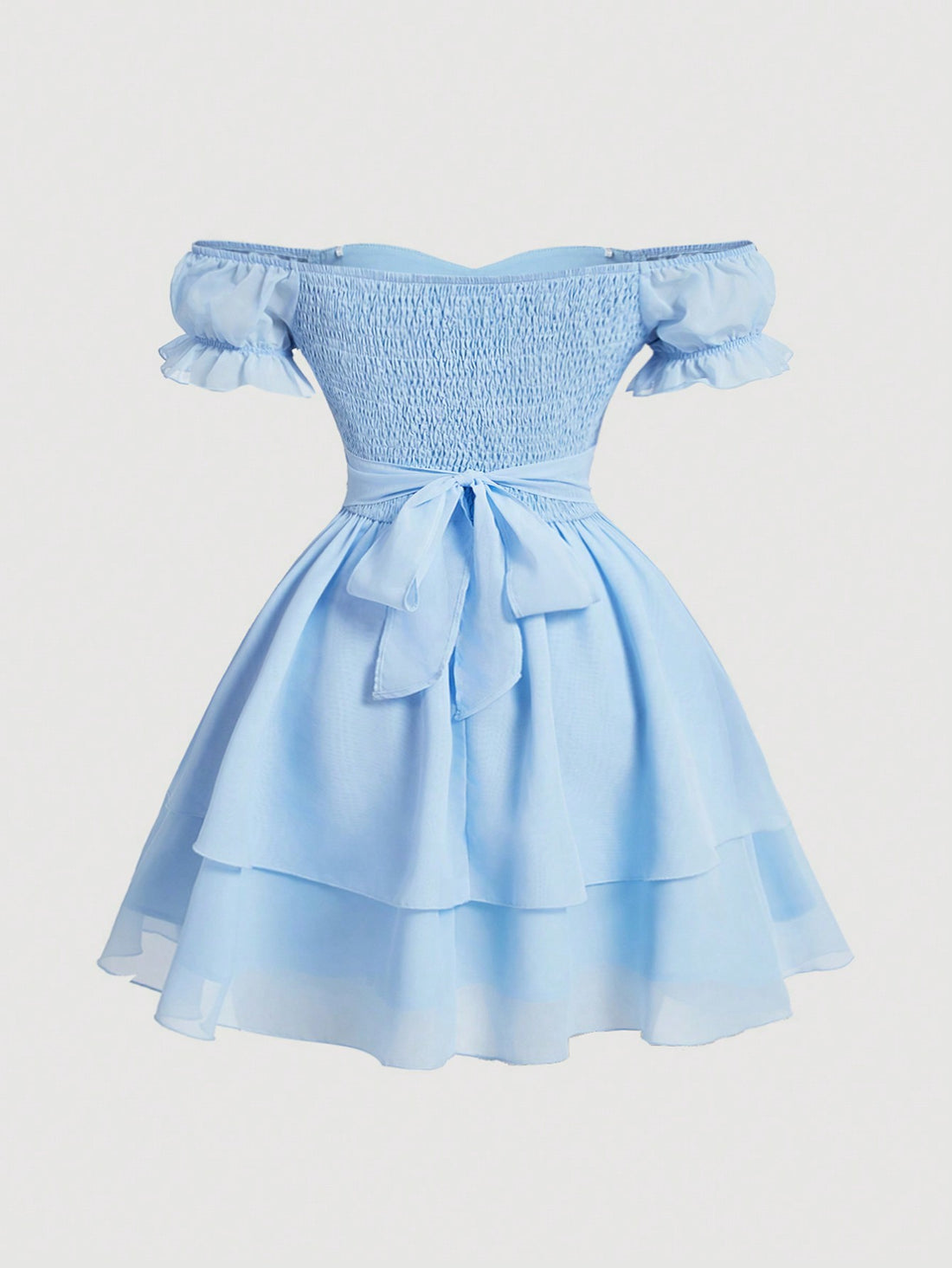 Achieve summer elegance with our Chic Plus Size Blue Off-Shoulder Tiered Mini Dress. The adjustable bow belt cinches your waist for a flattering silhouette. The off-shoulder design adds a touch of romance while keeping you cool. Perfect for any occasion, this dress is a must-have for your summer wardrobe.