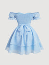 Chic Plus Size Blue Off-Shoulder Tiered Mini Dress with Bow Belt for Summer Elegance