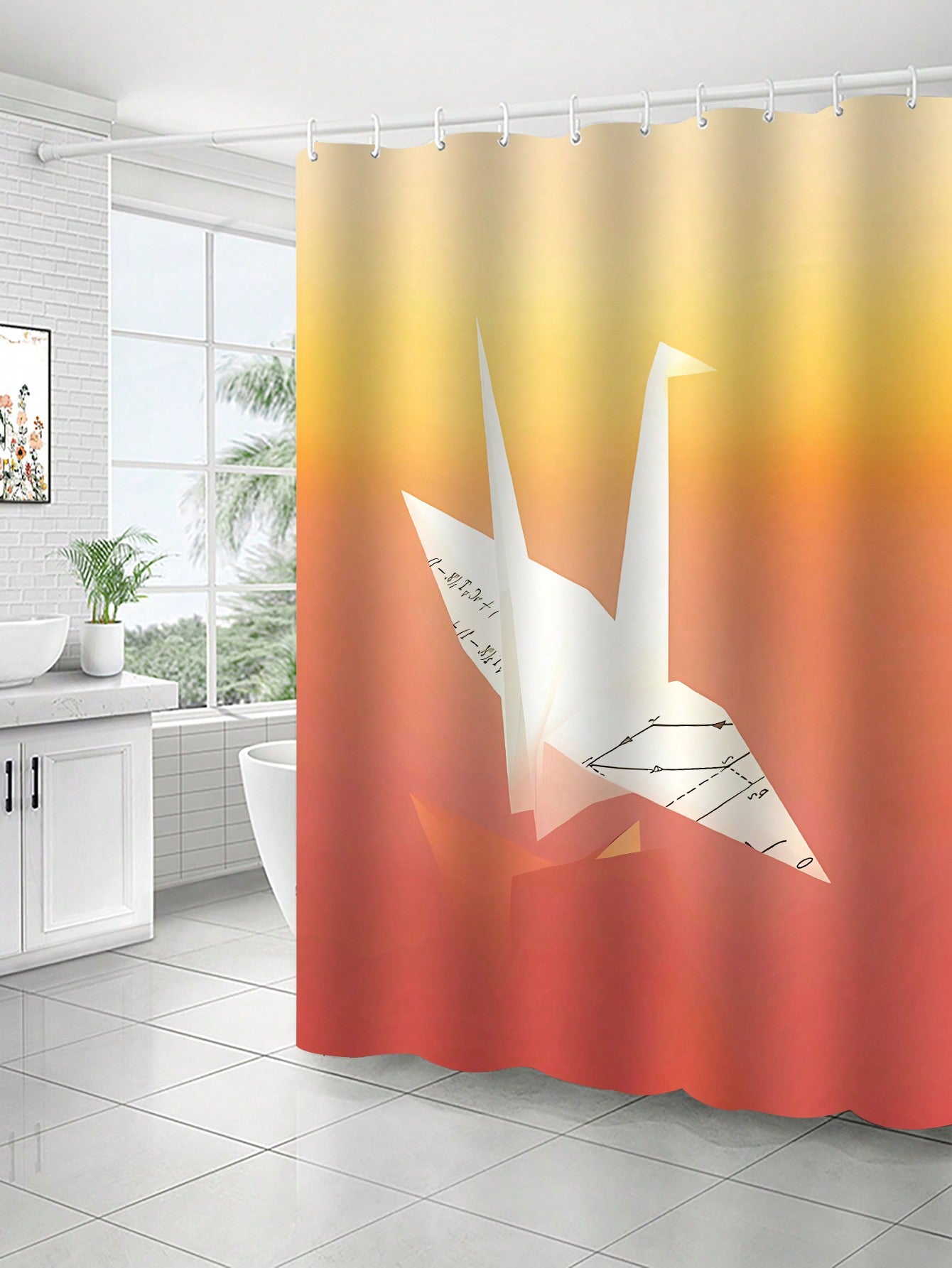 Introduce a touch of modern elegance to your bathroom with our Modern Origami Crane Shower Curtain. Made of durable, waterproof polyester, this stunning curtain features a vibrant orange print of origami cranes, adding a unique style to your shower space. Elevate your bathroom's decor with this stylish and functional divider curtain.