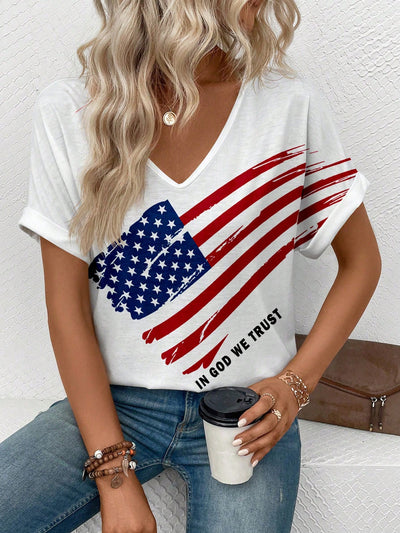 Show Your American Pride with Women's Summer Slogan American Flag Printed V-Neck Casual Short Sleeve T-Shirt