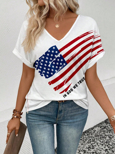 Show Your American Pride with Women's Summer Slogan American Flag Printed V-Neck Casual Short Sleeve T-Shirt