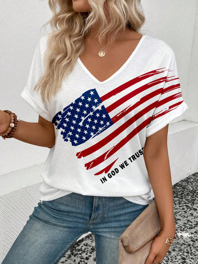 Show Your American Pride with Women's Summer Slogan American Flag Printed V-Neck Casual Short Sleeve T-Shirt