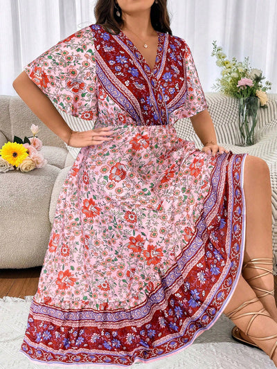 Floral Bliss Plus Size Holiday Dress: Flared Hem & Cinched Waistline