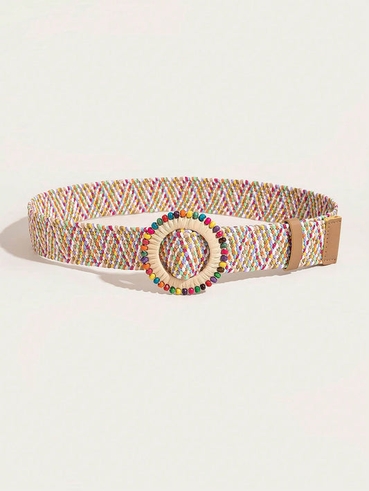 Bohemian Chic: Women's Pearl-Embellished Straw Belt for Beach Style