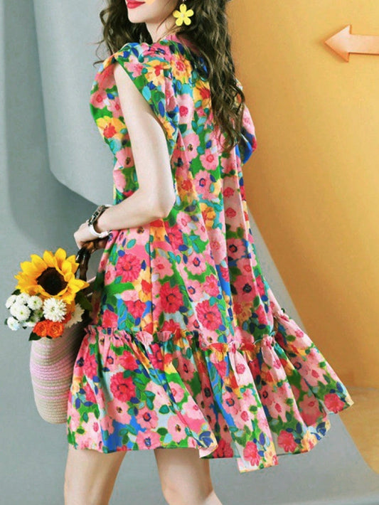 Floral Frenzy: Holiday Fashion Ruffled Hem A-Line Dress