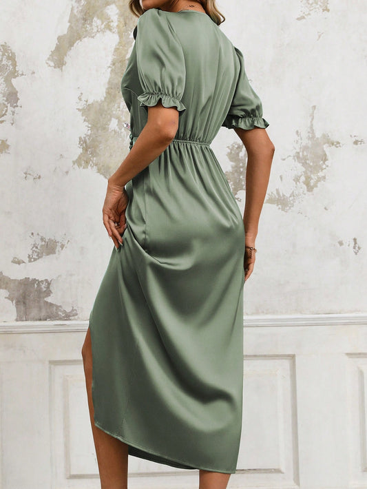 Timeless Elegance: Women's Mint Green Color Puff Sleeve V-Neck Dress