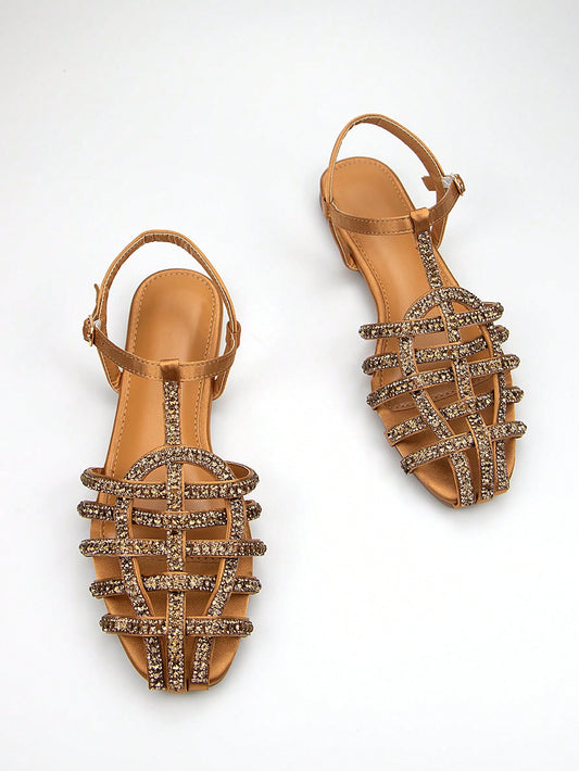 Gorgeous Rhinestone Sandals: Light Brown Sardine Fabric Braided Ankle Strap Flats for Daily and Party Wear