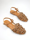 Gorgeous Rhinestone Sandals: Light Brown Sardine Fabric Braided Ankle Strap Flats for Daily and Party Wear