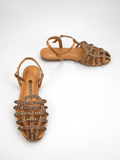 Gorgeous Rhinestone Sandals: Light Brown Sardine Fabric Braided Ankle Strap Flats for Daily and Party Wear