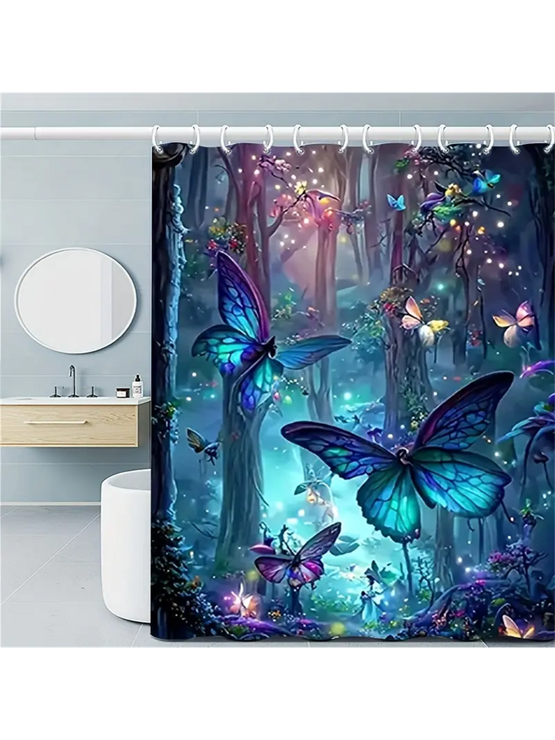 Transform your bathroom into a serene escape with our Majestic Forest Butterfly Shower Curtain Set. The elegant design not only adds style, but also enhances functionality with its durable material. Enjoy the perfect balance of beauty and practicality with this must-have addition to your bathroom decor.