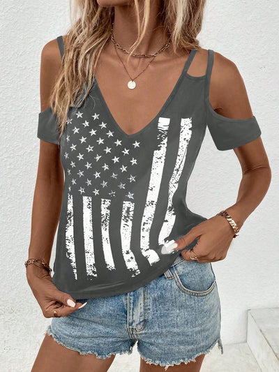 Fashionable American Flag Printed Cold Shoulder 4th of July T-Shirt