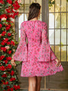 Bell Sleeve Floral Fantasy: Double Crazy Plunging Neck Chiffon Dress