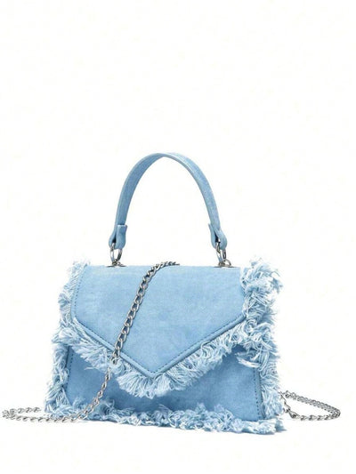 Chic Denim Effect Tie Dye Crossbody Bag with Fringe Detail and Metal Chain Strap