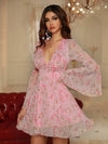 Bell Sleeve Floral Fantasy: Double Crazy Plunging Neck Chiffon Dress