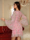 Bell Sleeve Floral Fantasy: Double Crazy Plunging Neck Chiffon Dress