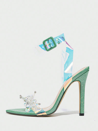 Elegant Green High-Heeled Floral Sandals for Night Clubs and Outdoor Events