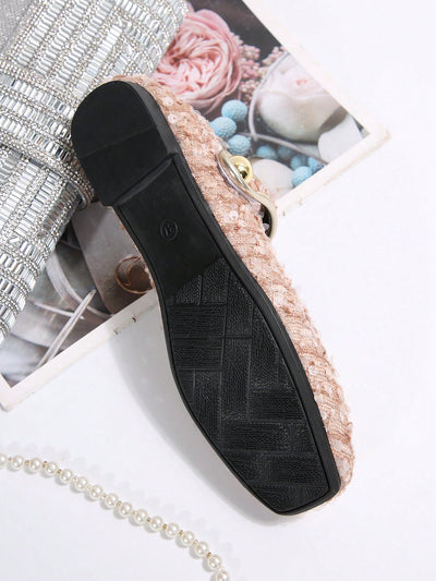 Sparkling French Charm: Glittery Shallow Mouth Flat Shoes with Ankle Strap for Women