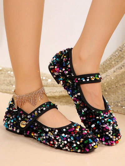 Sparkling French Charm: Glittery Shallow Mouth Flat Shoes with Ankle Strap for Women