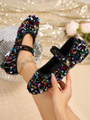 Sparkling French Charm: Glittery Shallow Mouth Flat Shoes with Ankle Strap for Women