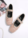 Sparkling French Charm: Glittery Shallow Mouth Flat Shoes with Ankle Strap for Women