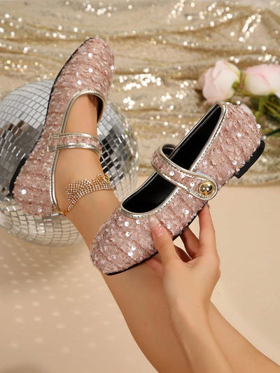 Sparkling French Charm: Glittery Shallow Mouth Flat Shoes with Ankle Strap for Women