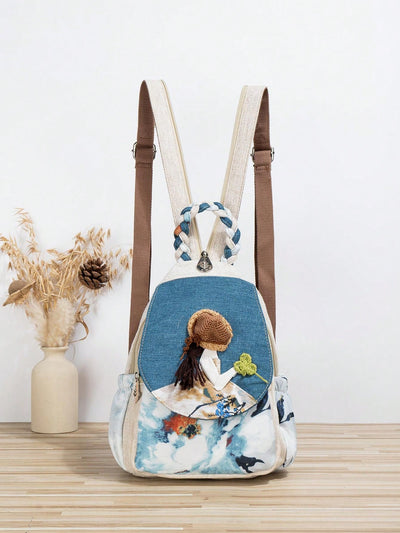 Bohemian Woven Yarn Flower Girl Convertible Backpack: Multi-Compartment Over Shoulder Bag