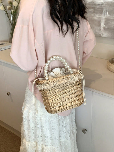 Pearl Adorned Handmade Woven Wicker Bag: The Perfect Crossbody Souvenir