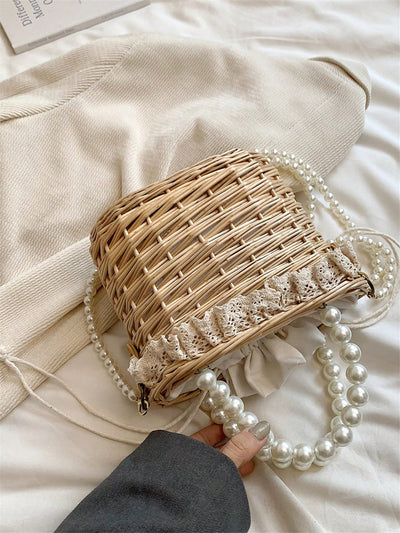 Pearl Adorned Handmade Woven Wicker Bag: The Perfect Crossbody Souvenir